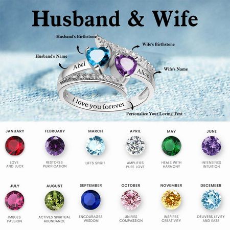 Custom Birthstone Ring for Husband & Wife – Personalized Names & Engraved Message